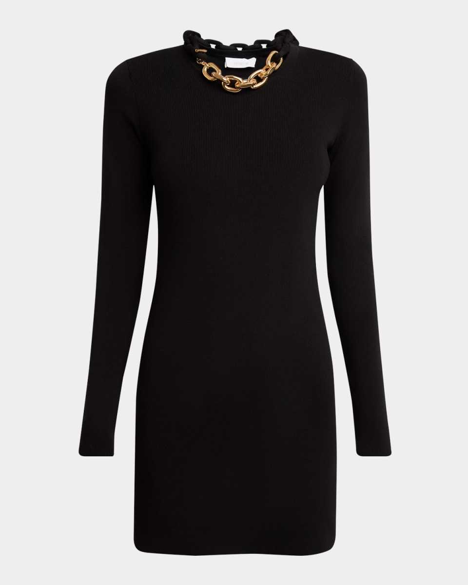Chain-Necklace Long-Sleeve Mini Sweater Dress